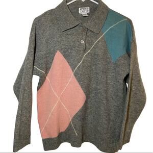 Vintage Koret Career Argyle 100% Lambswool Polo Sweater Pullover 80s Gray Medium